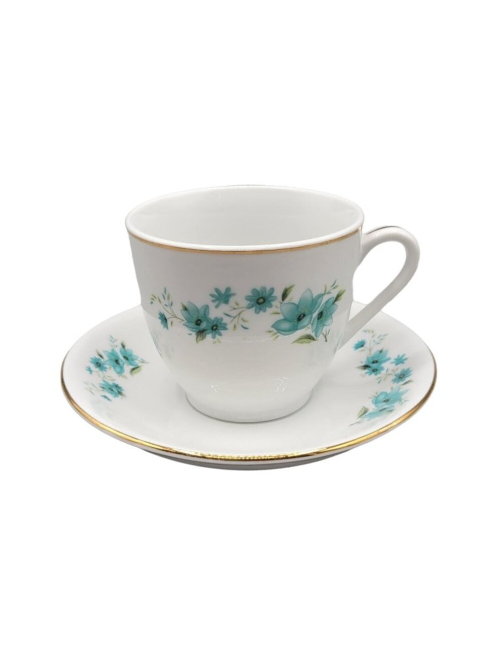 Tea Cup Saucer Set Porcelain Turquoise Floral Pattern Flowers Gold Trim Dainty